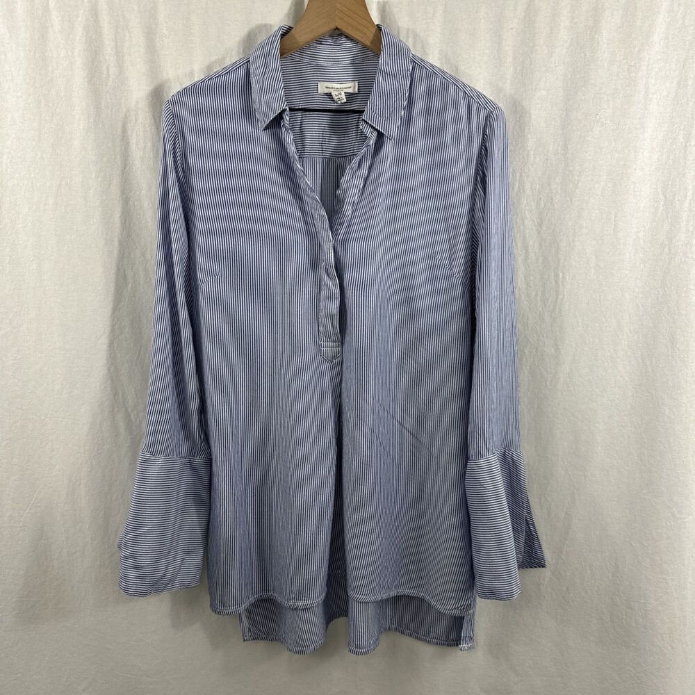 Beachlunchlounge Blue Striped Coastal Flare Sleeve Popover Top Womens Size L